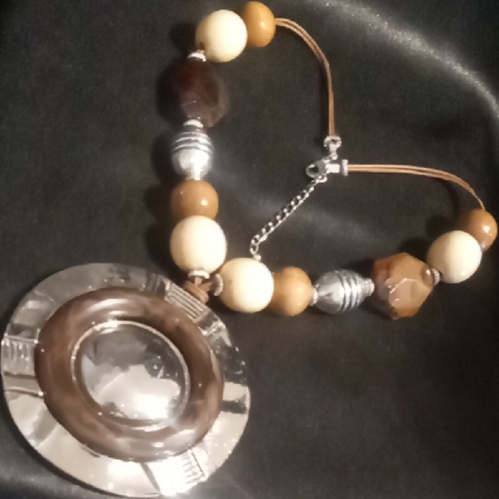 Chunky Pendant Collar Necklace Silver and Brown Resin & Wood Necklace